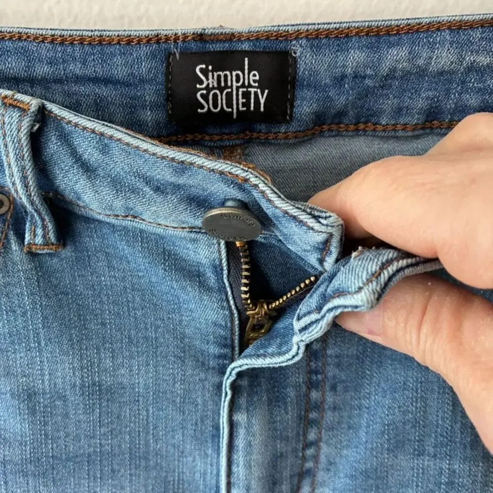 Simple Society Sneak Flare Jeans Women Size 9 Blue Distressed Knee High Rise Y2K - Picture 3 of 8